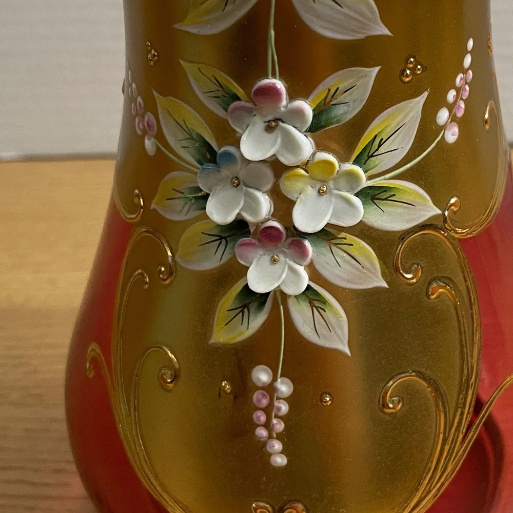 Bohemian Czech Ruby Red Gold Gilt Crystal Decanter & 4 Glasses Enamel Flowers